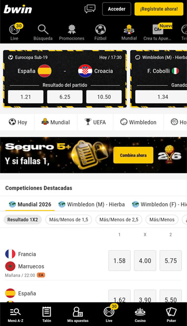 Pantalla principal de la casa de apuestas bwin.