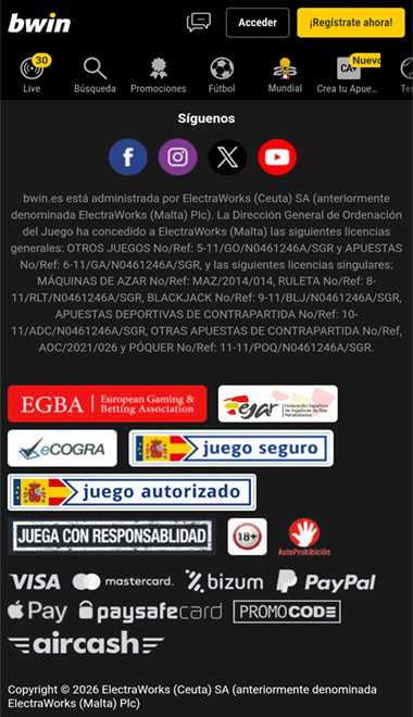 Pantalla del pie de página de bwin con los sellos de la DGOJ y juego seguro.