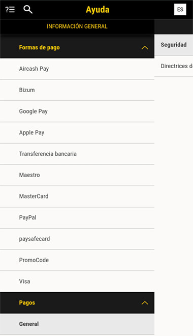 Pantalla de los métodos de pago ofrecidos en bwin.