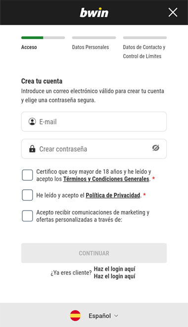 Pantalla de registro en bwin.