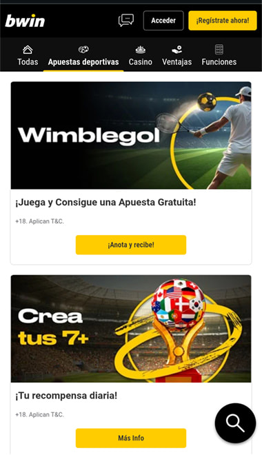 Pantalla con las ofertas de la casa de apuestas bwin.