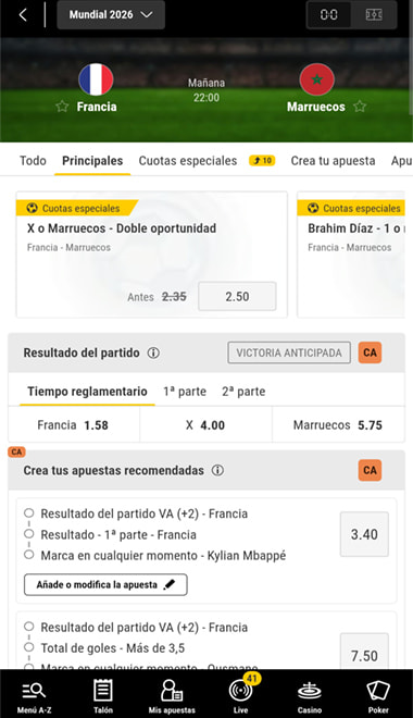 Pantalla con un evento de fútbol para apostar.