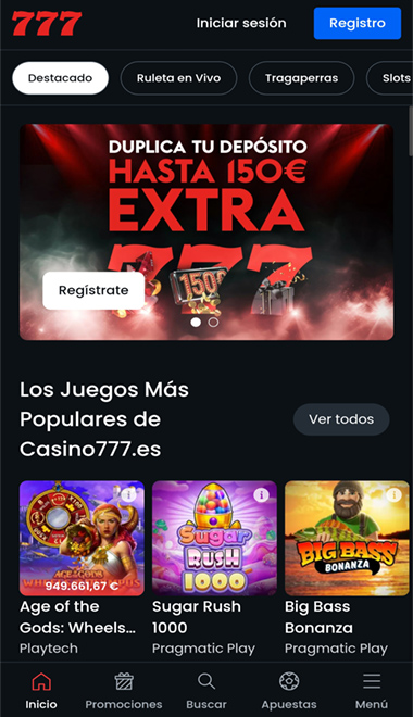 Pantalla principal de la app del casino777 en España.