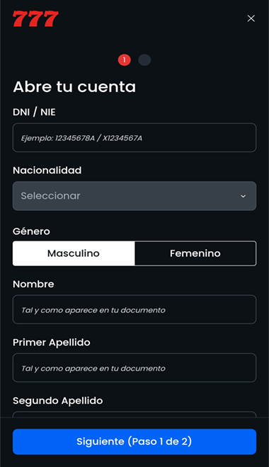 Formulario de registro de una cuenta de usuario en casino777.