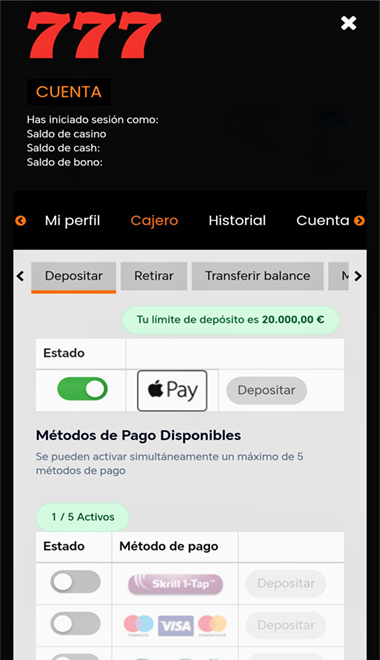 Monedero del casino777 con Apple Pay entre los métodos de pago seleccionados