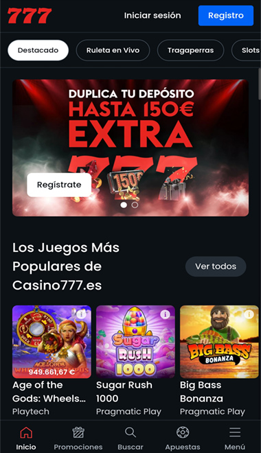 Pantalla principal de la app del casino777 en España.