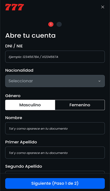 Pantalla del formulario de registro en casino777.