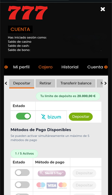 Monedero con Bizum como método de pago en casino777