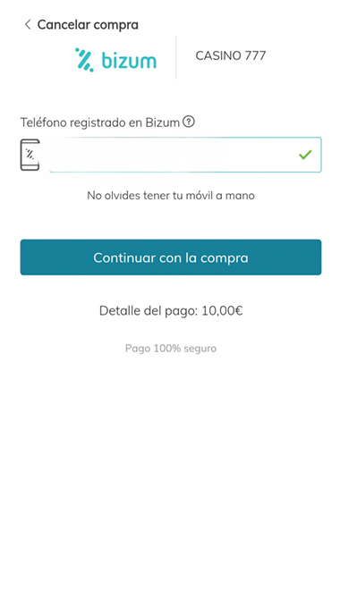 Pantalla de inicio de Bizum para confirmar el pago.