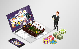 Casinos con PayPal online rodeados de fichas, cartas y dinero.