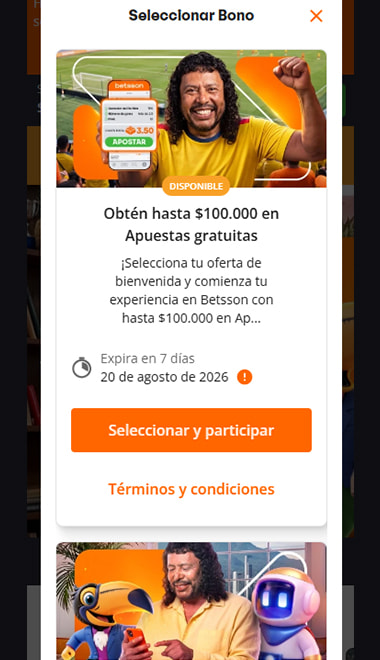 Selección del bono de bienvenida de Betsson antes de recargar con Nequi: hasta $100.000 en apuestas gratuitas.