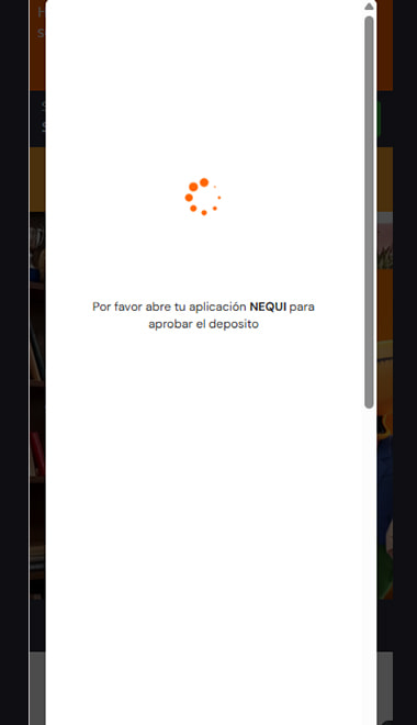 Aviso del casino pidiendo abrir la aplicación de Nequi para aprobar el depósito.