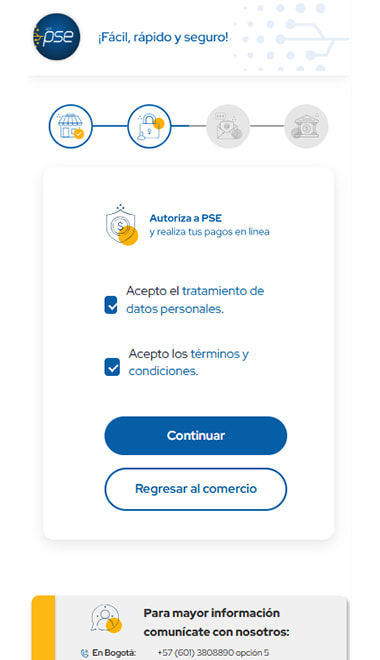 Portal de PSE pidiendo autorizar el tratamiento de datos personales y aceptar los términos.