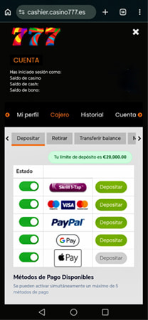 Métodos de pago en bet777