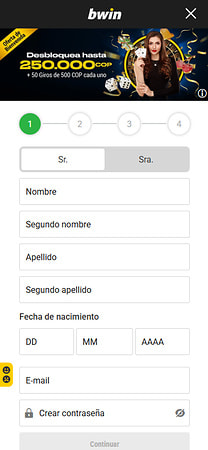 Primer paso del registro de bwin Colombia con los datos personales y la fecha de nacimiento.