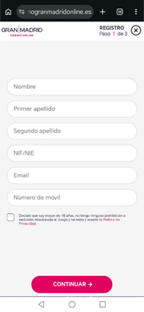 Registro en la app