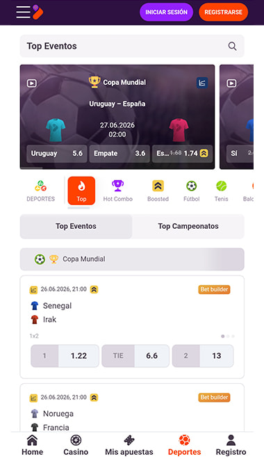 Pantalla principal de Tonybet con apuestas populares.