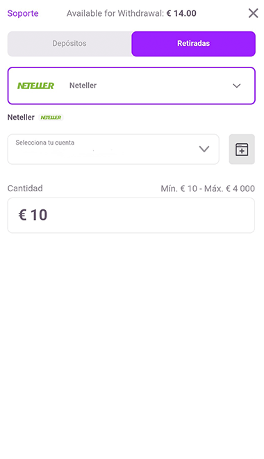 Pantalla de retirada de fondos en Tonybet con Neteller.