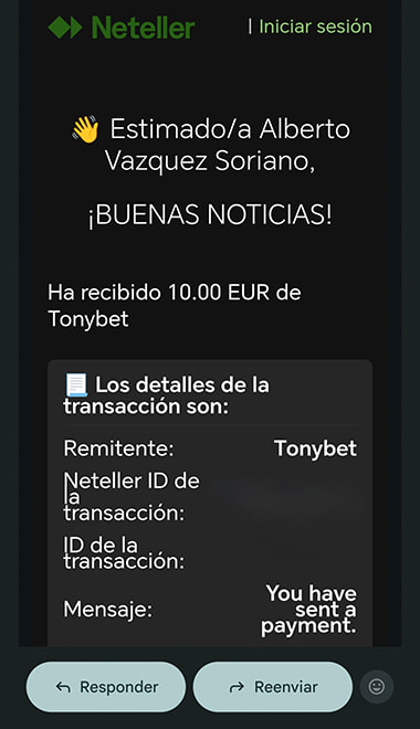 Pantalla del correo de confirmación de Neteller con el dinero recibido.