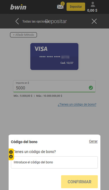 Casilla para introducir el código del bono antes de confirmar el depósito con Visa.