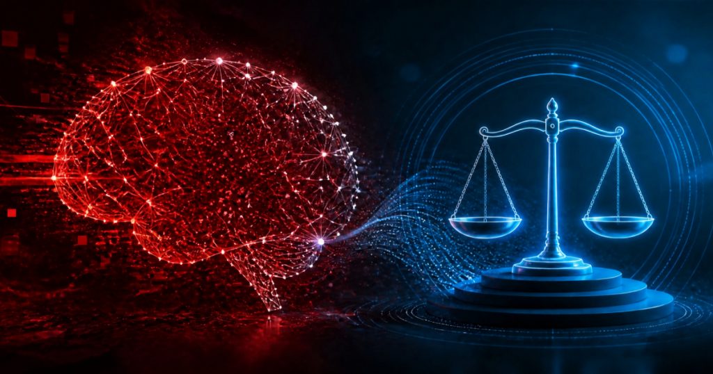Red neuronal en forma de cerebro en tonos rojos junto a una balanza de la justicia iluminada en azul, sobre fondo oscuro.
